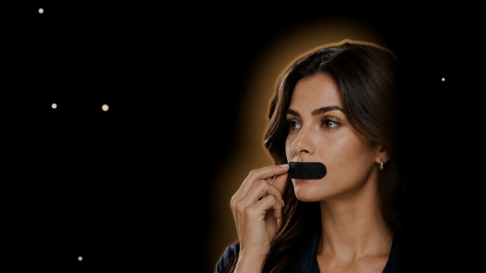Mulher de pijama aplicando a Somnus Tape sobre os lábios, com o nariz livre