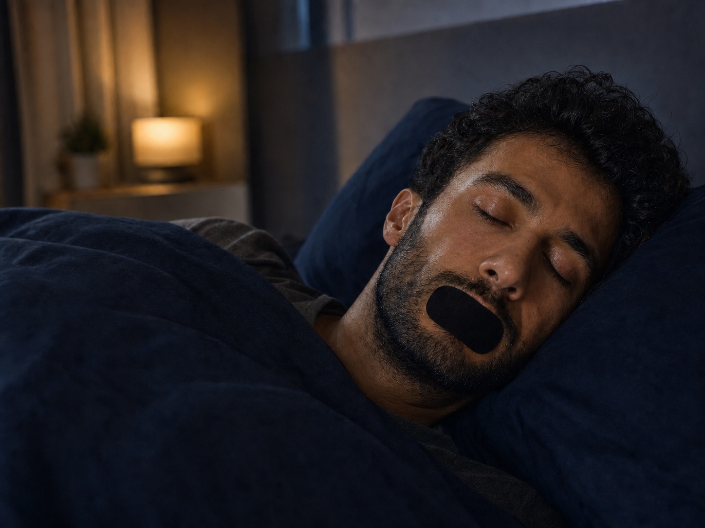 Homem dormindo de lado com a fita bucal Somnus Tape